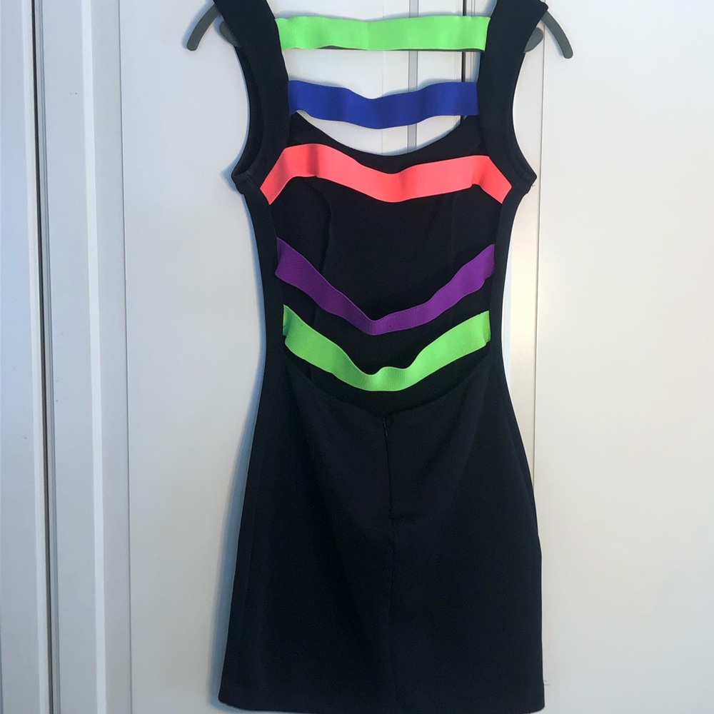 Black Bodycon Dress with Neon Straps in back